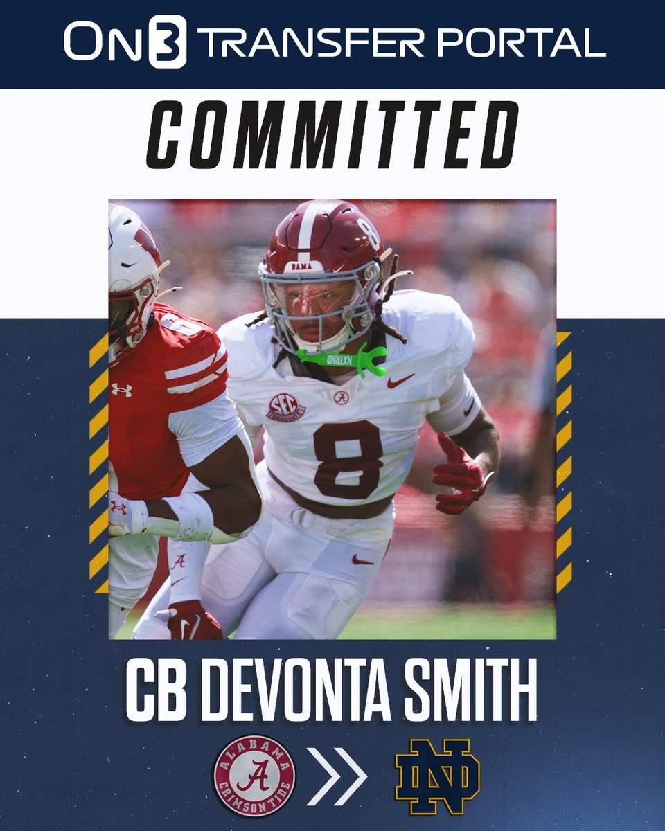 Former Alabama starting defensive back Devonta Smith is headed to Notre Dame ☘️

Story from <a href="/jacksoble56/">Jack Soble</a> here: on3.com/teams/notre-da…