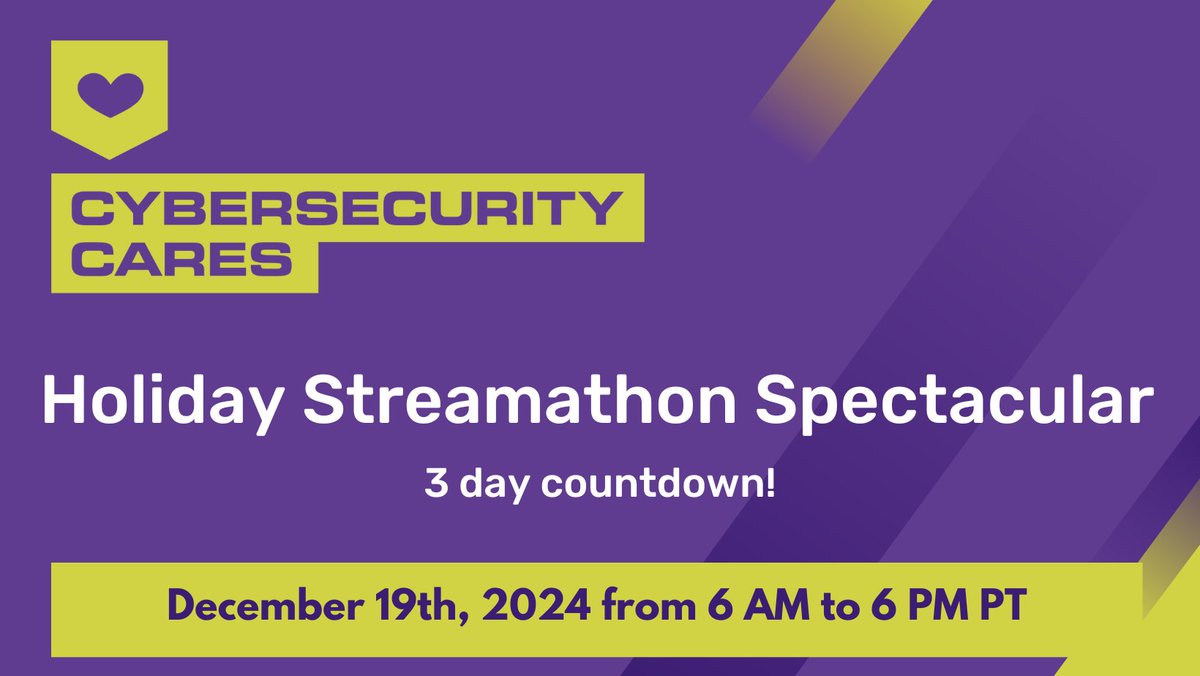 3 days until The Cybersecurity Cares Holiday Streamathon!

Get ready for cybersecurity discussions, games, and performances as we support Becky's Fund's mission to prevent domestic violence.

Add the event to your calendar: lc.pub/4gAMEVJ

#EndDomesticViolence