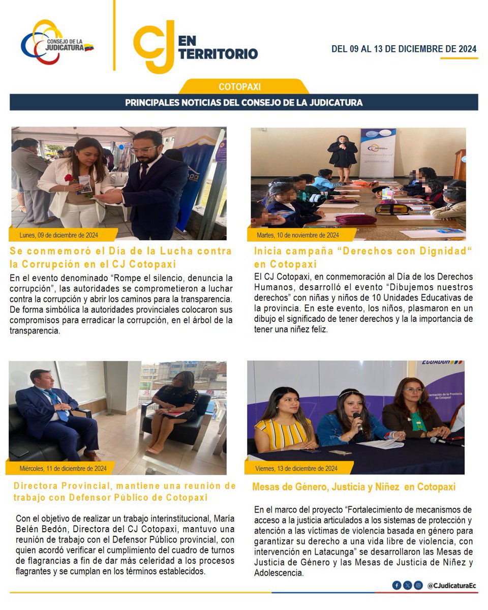 CotopaxiCJ's tweet photo. 📍#CJEnTerritorio | Conozca las actividades desarrolladas por @CotopaxiCJ durante la semana del 09 al 13 de diciembre. https://t.co/L0oG74cw4s