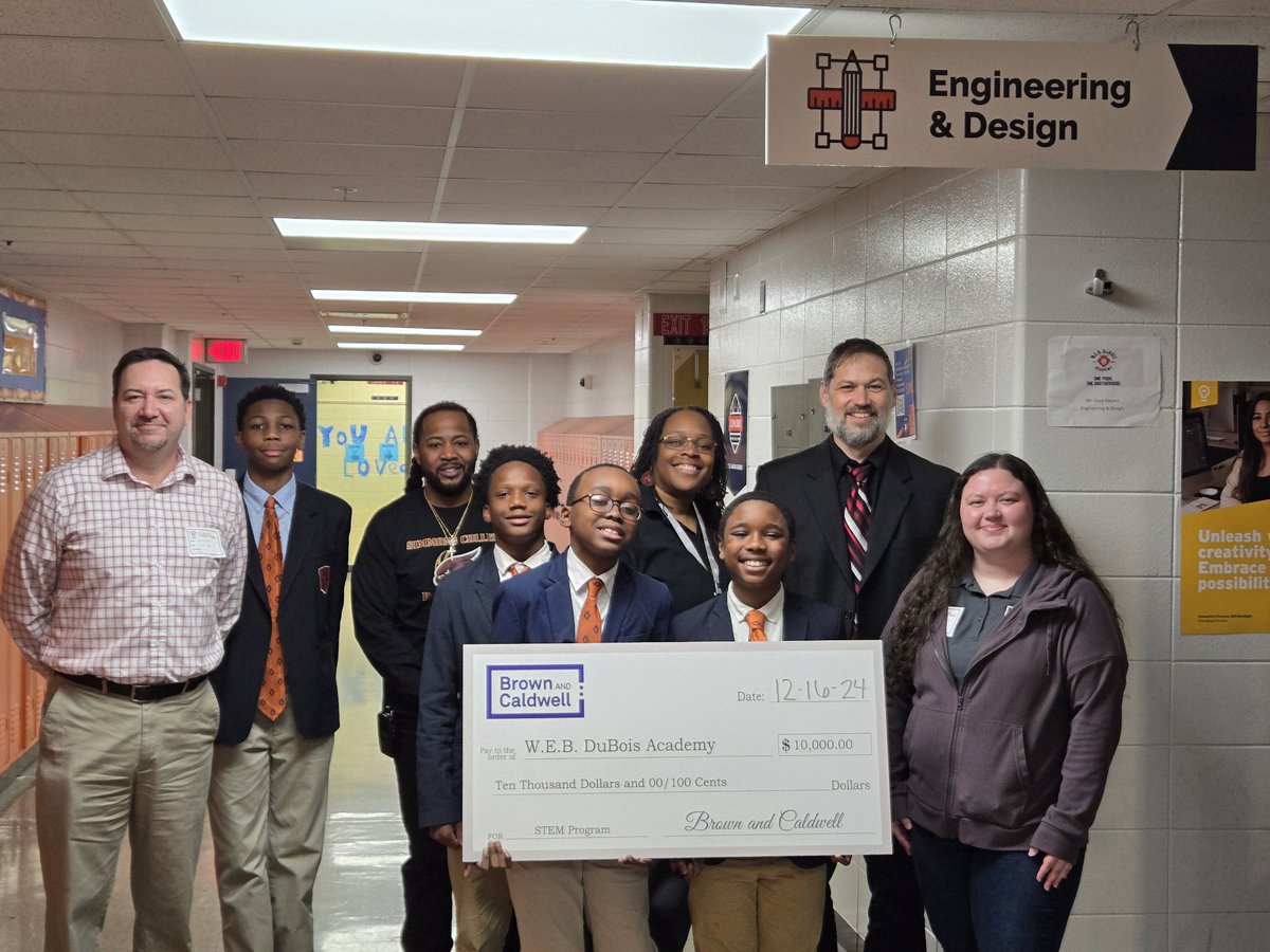 Thank you - Mr Shetler! Thank you! Brown &amp; Caldwell engineers Dave Hafner &amp; Caitlyn Brinkley in conjunction with MDS’s Community Benefits Program for your $10,000 donation to support our Engineering Pathway &amp; Tech Teams Drone Program. <a href="/ExploreJCPS/">JCPS Explore Pathways</a> <a href="/DuBoisAcademy/">DuBois Academy</a> <a href="/JCPSExploreEA/">Marcella Minogue</a>
