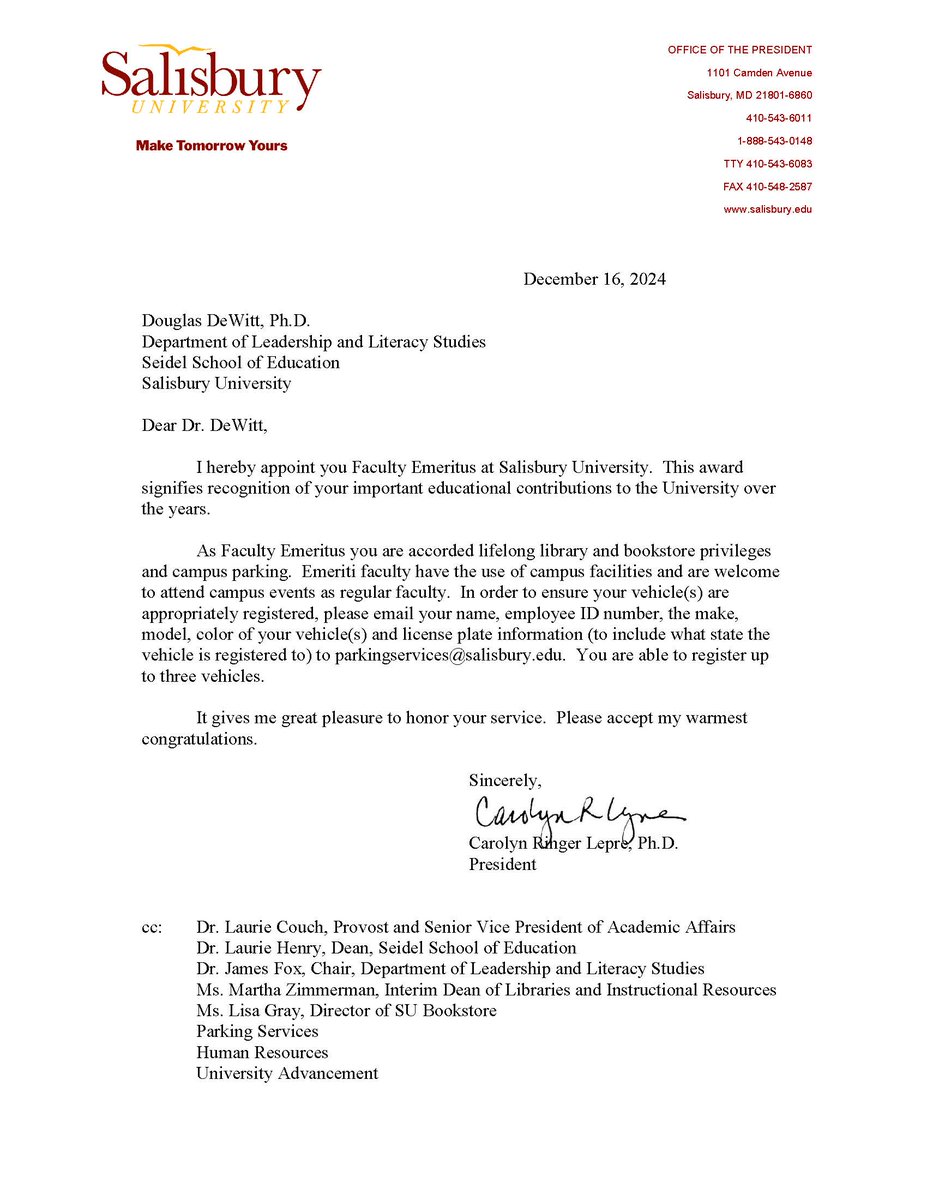 I am pleased to share that I have been appointed Faculty Emeritus at Salisbury University.  The letter from Pres. Lepre states "This award signifies recognition of your important educational  contributions to the University over the years."  I am humbled and  honored!
