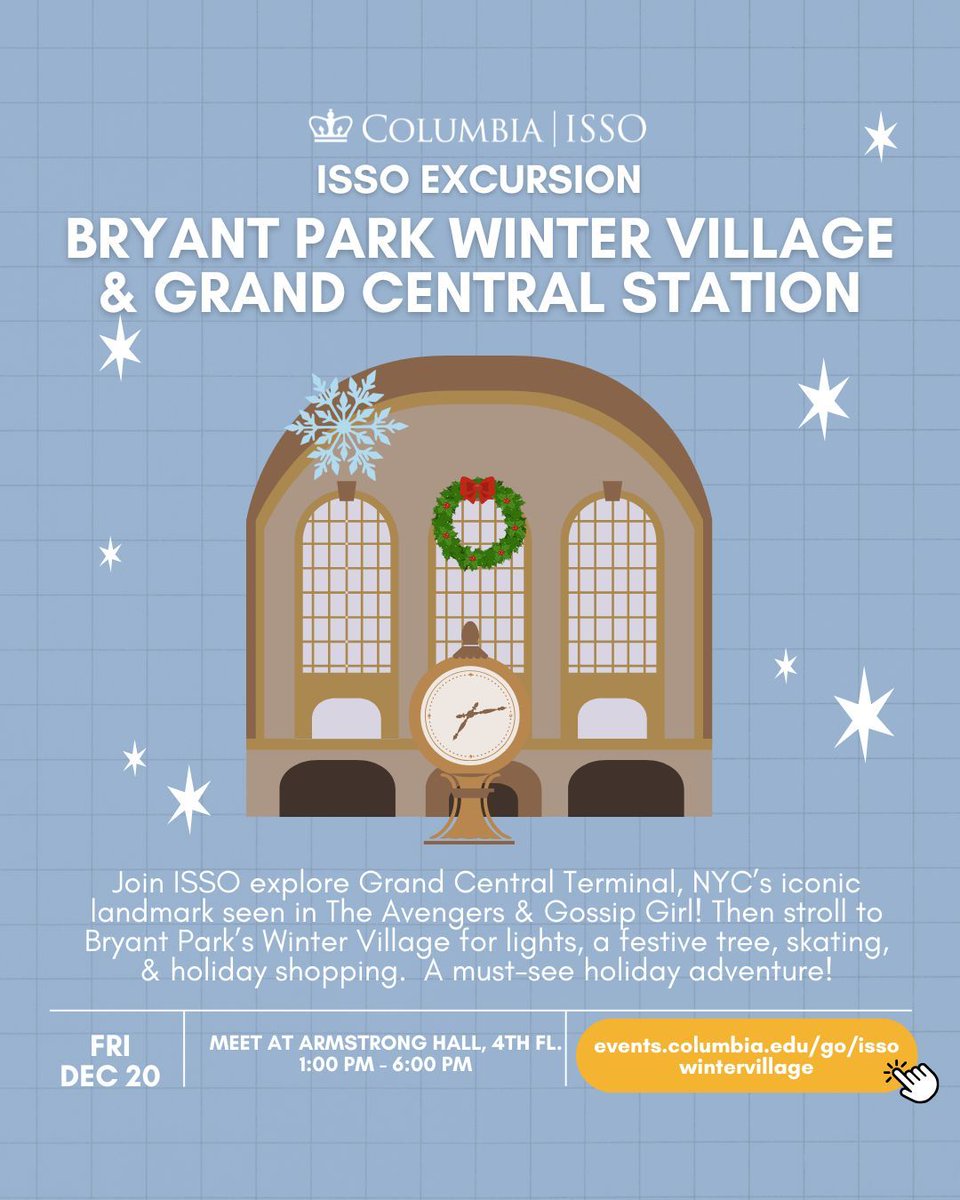 Join ISSO explore Grand Central Terminal, NYC’s iconic landmark seen in The Avengers &amp; Gossip Girl! Then stroll to Bryant Park’s Winter Village for lights, a festive tree, skating, &amp; holiday shopping. 

Rsvp: buff.ly/4gfTyQt