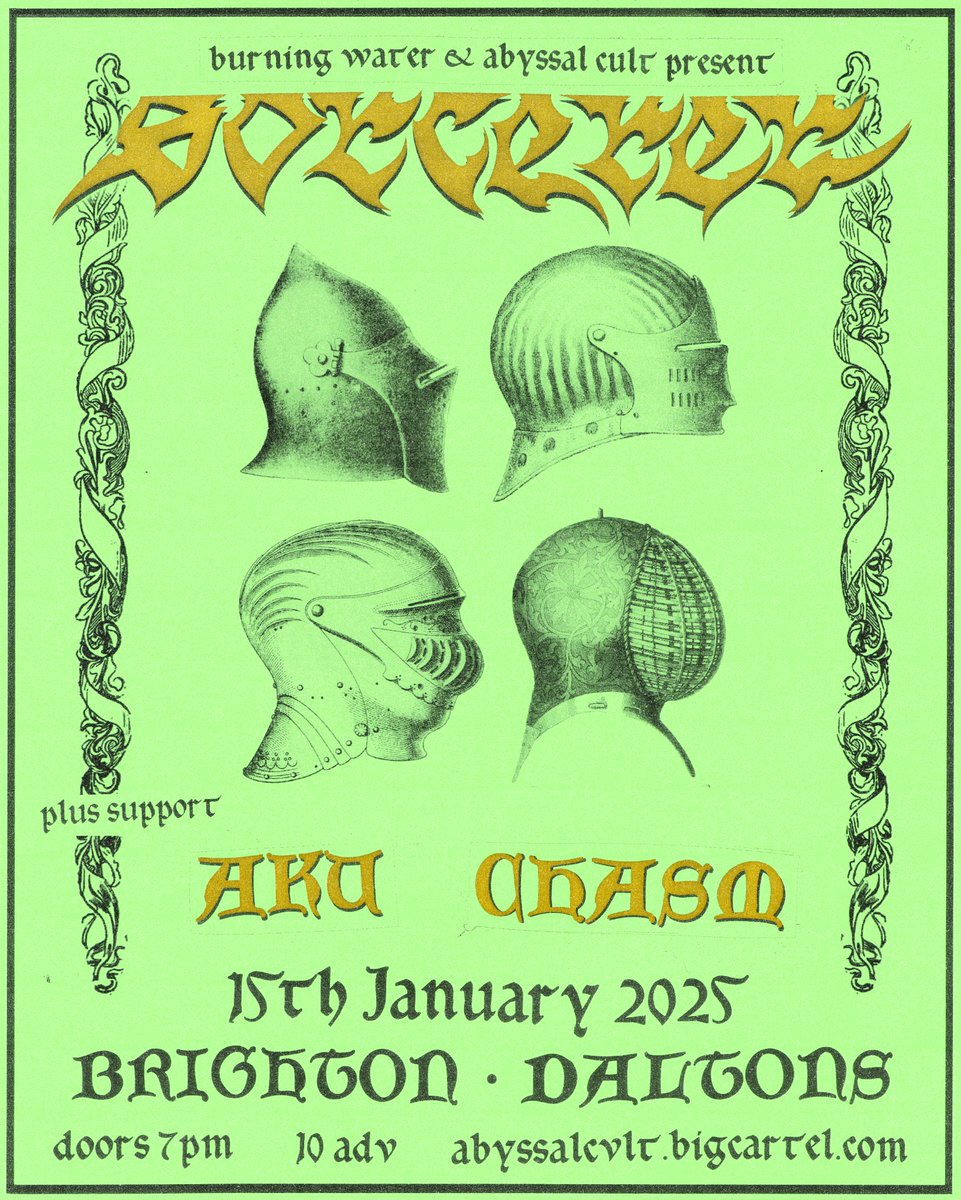 Kickin off 2025 bringing SORCERER back to Brighton🧙‍♂️

Stoked to have 'em return after they crushed their UK debut at DIE earlier this year. If you were there ya know how sick it was…

Support from Aku, Chasm &amp; 1 more TBA

Abyssal Cvlt hosting tickets for this over on their site!