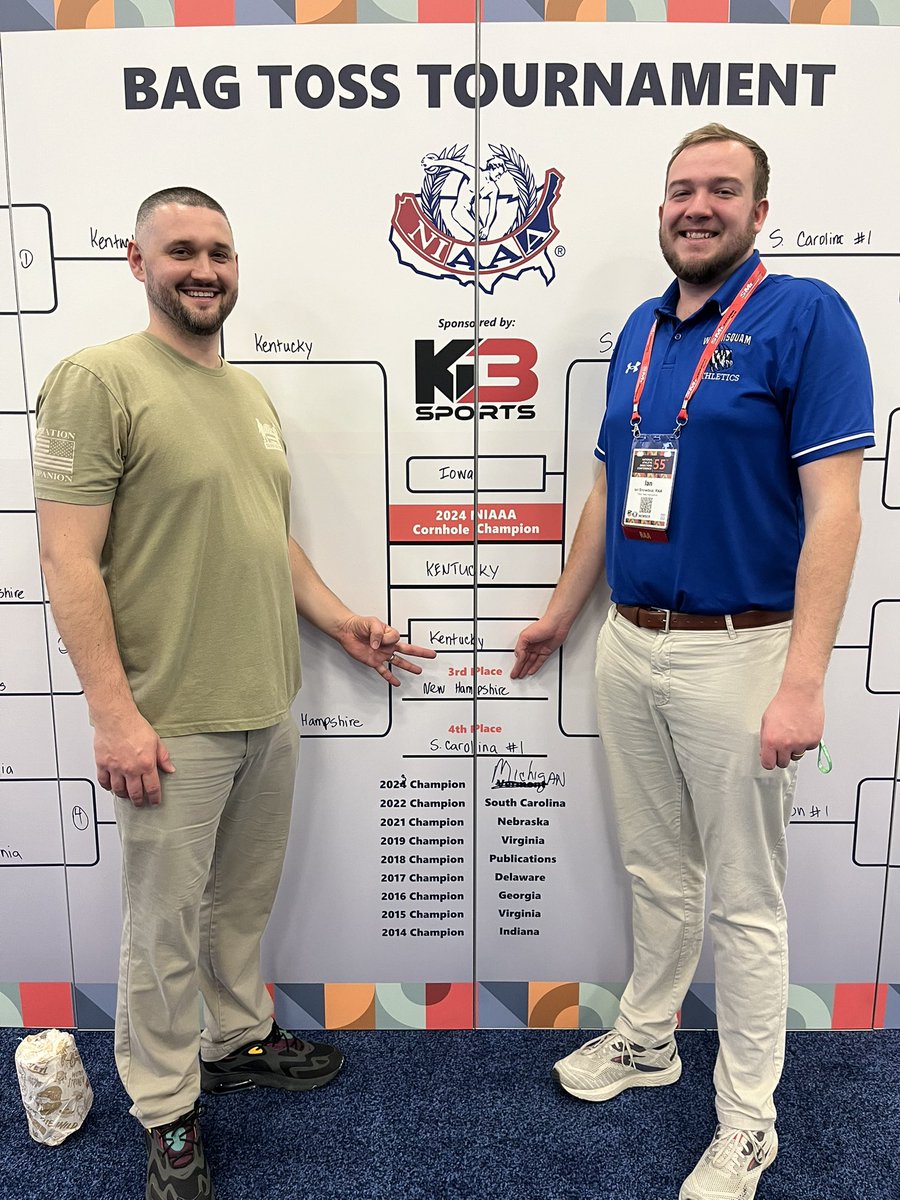 NHAthDirAssoc's tweet photo. New Hampshire Proud! Congratulations to Ian Snowdeal and Cayman Belyea for their third place finish in the NIAAA Bag Toss tournament. We are proud of you. https://t.co/fZbQrtlNHc