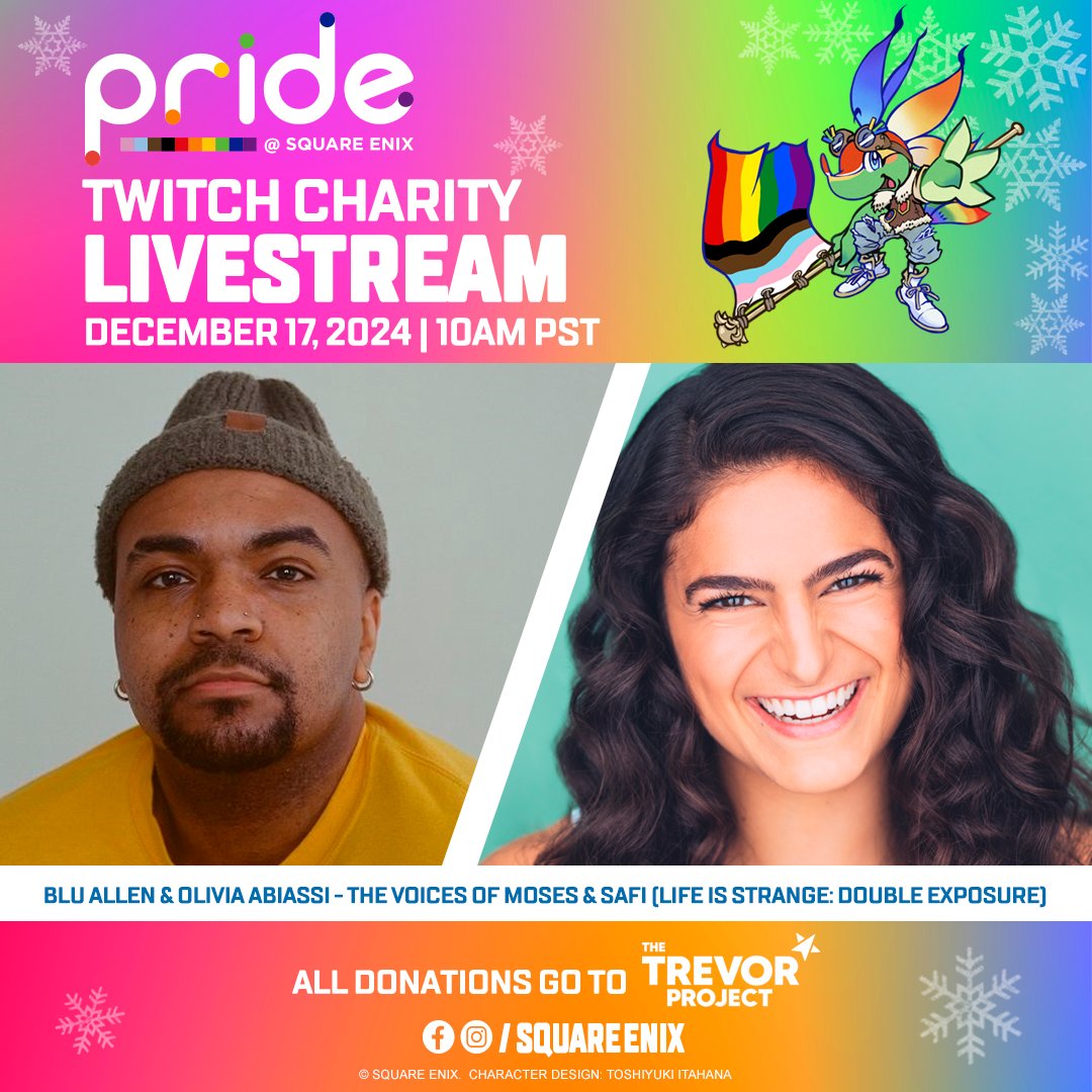 SquareEnix's tweet image. Join us for a special Pride and Donation Charity Live Stream featuring Blu Allen &amp;amp; Olivia AbiAssi (Voice of Moses and Safi from Life is Strange: Double Exposure) tomorrow at 10am PST! twitch.tv/squareenix 

We will be chatting with them, taking your donations for the Trevor…