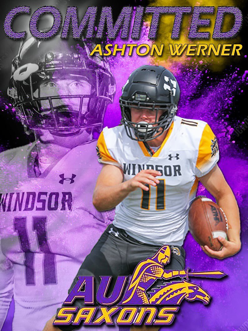Ashton Werner (@werner_ashton) on Twitter photo I am extremely excited and thankful to announce my commitment to <a href="/AUSaxonFootball/">Alfred U Football</a>. I would like to thank my family, coaches, and the entire Windsor community for all of the help along the way! 💜<a href="/Coach_Rankl/">Bob Rankl</a> <a href="/LB_CoachBona/">Brady Bonacquisti</a> <a href="/CoachOlasupo/">Coach Mo</a> <a href="/CoachCantuAU/">Coach Cantu</a> <a href="/MaccusD/">Maccus Dinsmore</a> <a href="/Coach_Bailey2/">Curtis Bailey</a>. I am extremely excited and thankful to announce my commitment to <a href="/AUSaxonFootball/">Alfred U Football</a>. I would like to thank my family, coaches, and the entire Windsor community for all of the help along the way! 💜<a href="/Coach_Rankl/">Bob Rankl</a> <a href="/LB_CoachBona/">Brady Bonacquisti</a> <a href="/CoachOlasupo/">Coach Mo</a> <a href="/CoachCantuAU/">Coach Cantu</a> <a href="/MaccusD/">Maccus Dinsmore</a> <a href="/Coach_Bailey2/">Curtis Bailey</a>.