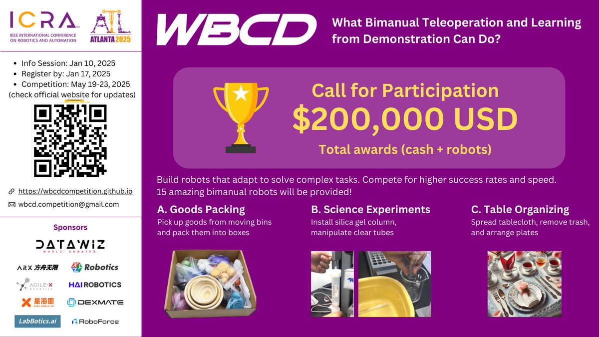 🤖 $200,000 ROBOTICS CHALLENGE ALERT  💸

Your robots vs. real-world chaos - who wins? ✨

🎯 Dexmate <a href="/DexmateAI/">Dexmate</a>  is thrilled to support and sponsor the WBCD Challenge at ICRA 2025! 🤖

The mission? Make robots: 
📦 Pack like a boss 
🧪 Handle lab gear without drama 
🍽️ Set