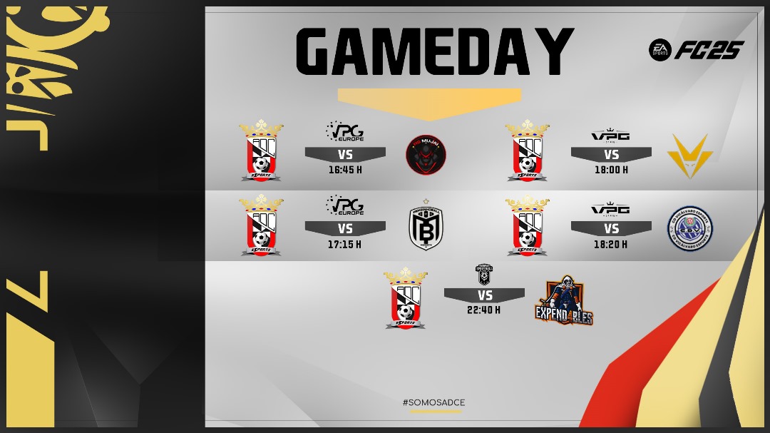 #MatchDay 16/12/2024

 📌 Empezamos la semana con 5 partidazos en #EAFC25 😎

🏆 <a href="/VPGPremier/">VPG Esports Premier</a>
🆚  <a href="/Mujai_RS/">Mujai / XIG</a> 🇫🇷
<a href="/MemzinhoBallEU/">MemzinhoBall EU</a> 🏴󠁧󠁢󠁥󠁮󠁧󠁿
⏰ 21:45h/22:15h

🏆 <a href="/PLGeFootBall/">PLG España</a> 
🆚 <a href="/TH4_Spain/">THE EXPEND4BLES</a> 🇪🇸
⏰ 22:40h

🏆 <a href="/VPG_Spain/">Virtual Pro Gaming España</a>
🏟️ <a href="/ADCeutaEsports/">ADCeuta Esports</a> 🇪🇸 🆚  <a href="/VortexeSportsES/">Vortex eSports</a> 🇪🇸/ @eSportsCDVical 🇪🇸
⏰