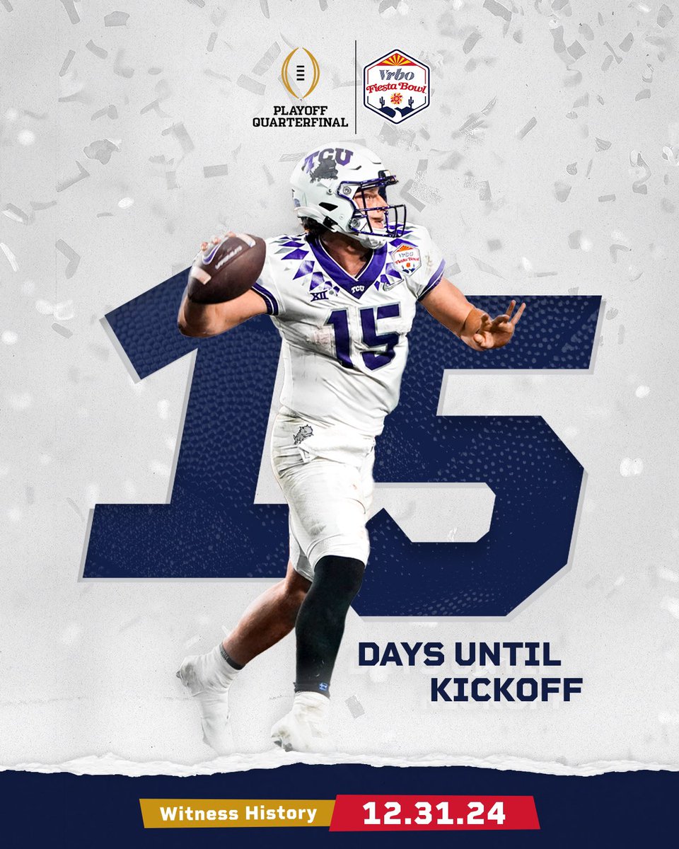 Fiesta_Bowl's tweet photo. Only Max Duggan days away from the 2024 @vrbo #FiestaBowl!

Duggan led @TCUFootball to a victory in our last @CFBPlayoff game in 2022.

Who will advance in the first-ever Quarterfinal in CFB Playoff history on New Year’s Eve this year? Find out in 1️⃣5️⃣ days! https://t.co/UtAJ2Fv1sO