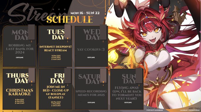 THIS WEEK'S SCHEDULE ✨⚔️(DEC 16 - 22)  
HOT GIRL WINTER edition! LAST STREAMS OF 2024!
? onteteisan
#aledraw