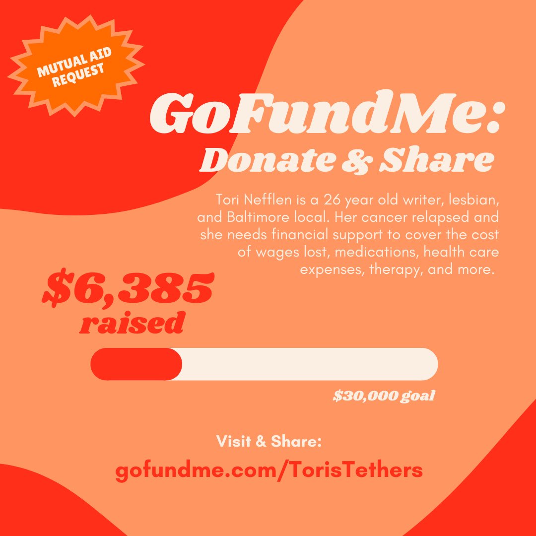 VictoriaNefflen's tweet image. Hi friends, unfortunately my cancer relapsed and I’ve been in the hospital for half a month battling pneumonia. If you have the ability and means, consider donating to my GoFundMe this holiday season, 🔗: gofundme.com/f/TorisTethers

#mutualaid #cancer #donate #baltimore #chemo