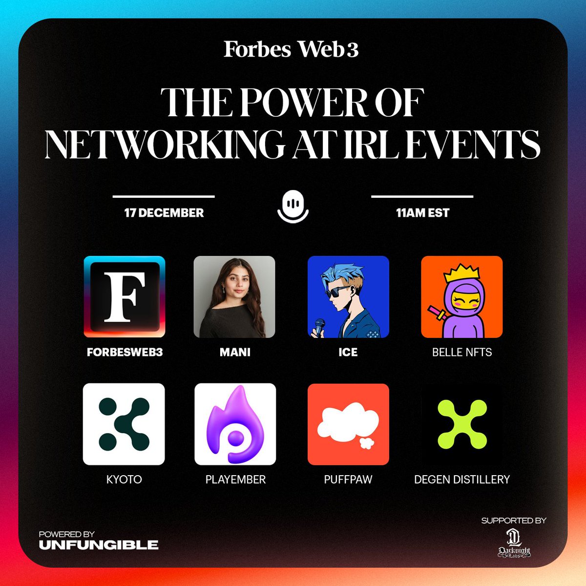 Forbes Web3 (@forbesweb3) on Twitter photo Art Basel Miami was a moment 🌴🪩 Join us tomorrow, Dec 17, at 11 AM EST for an X spaces as we dive into all things networking IRL.
With @KyotoFDN <a href="/play_ember/">Playember</a> <a href="/puffpaw_xyz/">Puffpaw | Gen2 Sold Out</a> <a href="/DegenDistillery/">Degen Distillery</a> <a href="/Belle_nfts/">Belle</a>
Set your reminder now
x.com/i/spaces/1kvKp… Art Basel Miami was a moment 🌴🪩 Join us tomorrow, Dec 17, at 11 AM EST for an X spaces as we dive into all things networking IRL.
With @KyotoFDN <a href="/play_ember/">Playember</a> <a href="/puffpaw_xyz/">Puffpaw | Gen2 Sold Out</a> <a href="/DegenDistillery/">Degen Distillery</a> <a href="/Belle_nfts/">Belle</a>
Set your reminder now
x.com/i/spaces/1kvKp…