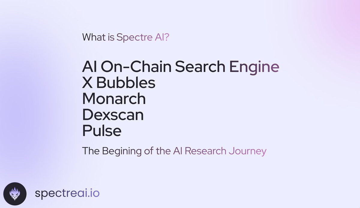 Spectre__AI's tweet image. What is Spectre AI? We leverage cutting-edge AI and data-driven tools to transform research, delivering advanced sentiment and technical analytics with a sleek, intuitive design.  

- AI On-Chain Search Engine (LIVE): The core of Spectre AI, delivering real-time data, indexed…