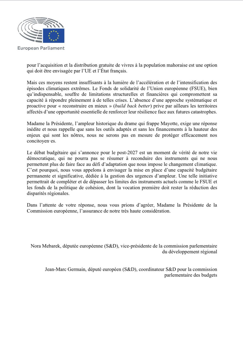 jmgermain's tweet photo. Avec ma collègue @MebarekNora, nous venons d’interpeller la Pdt de la Commission 🇪🇺 @vonderleyen et le Premier ministre 🇫🇷 @bayrou pour nous assurer que des fonds européens soient versés rapidement et massivement afin de venir en aide aux Mahorais touchés par cette tragédie. https://t.co/GfLzN0RFNj