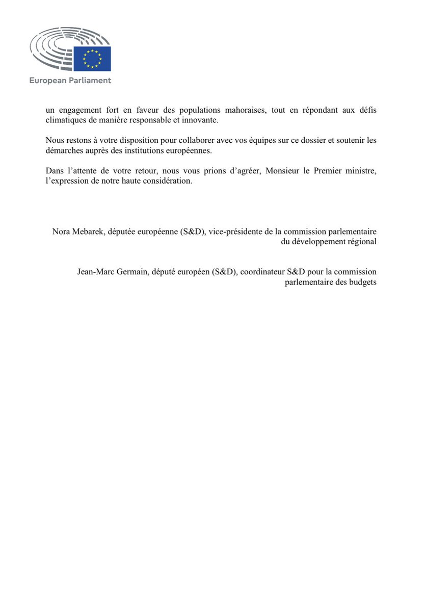 jmgermain's tweet photo. Avec ma collègue @MebarekNora, nous venons d’interpeller la Pdt de la Commission 🇪🇺 @vonderleyen et le Premier ministre 🇫🇷 @bayrou pour nous assurer que des fonds européens soient versés rapidement et massivement afin de venir en aide aux Mahorais touchés par cette tragédie. https://t.co/GfLzN0RFNj