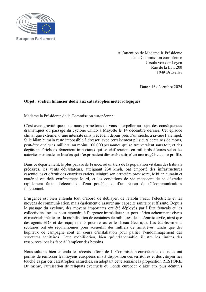 jmgermain's tweet photo. Avec ma collègue @MebarekNora, nous venons d’interpeller la Pdt de la Commission 🇪🇺 @vonderleyen et le Premier ministre 🇫🇷 @bayrou pour nous assurer que des fonds européens soient versés rapidement et massivement afin de venir en aide aux Mahorais touchés par cette tragédie. https://t.co/GfLzN0RFNj