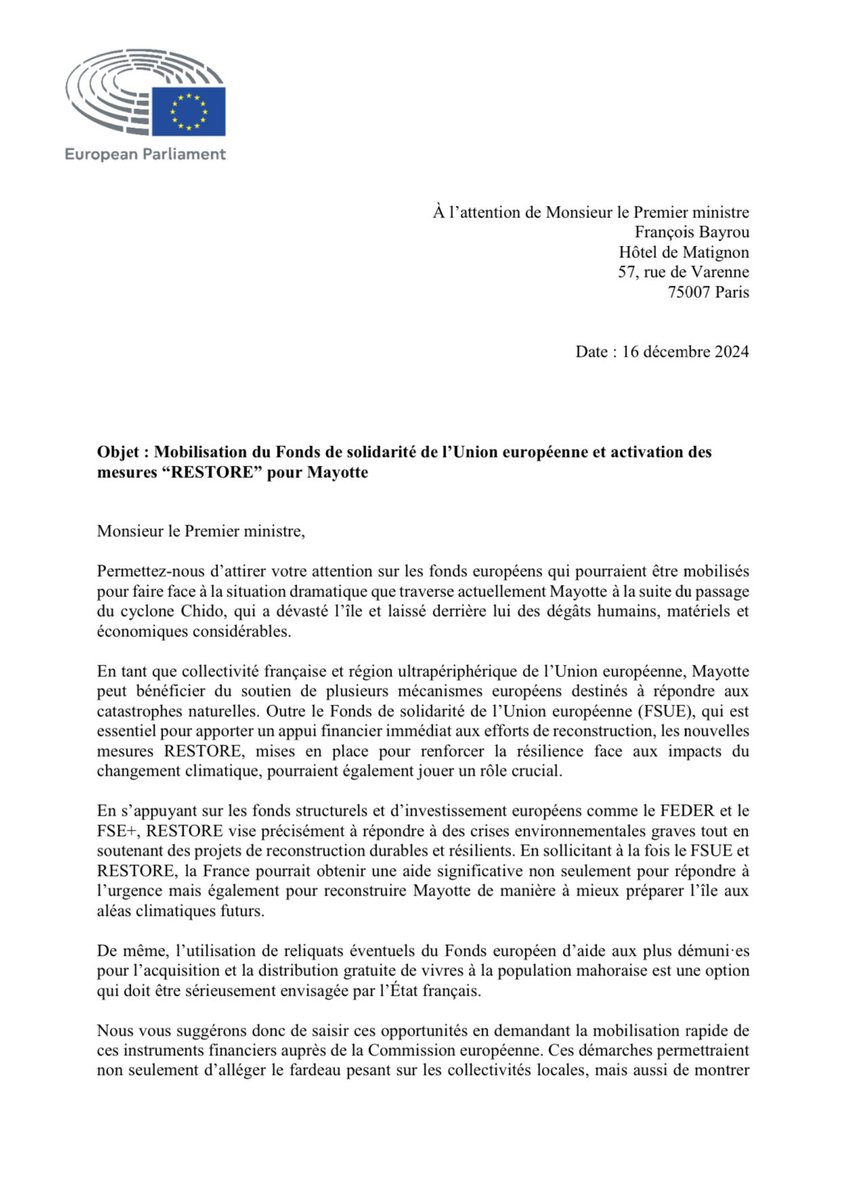 jmgermain's tweet photo. Avec ma collègue @MebarekNora, nous venons d’interpeller la Pdt de la Commission 🇪🇺 @vonderleyen et le Premier ministre 🇫🇷 @bayrou pour nous assurer que des fonds européens soient versés rapidement et massivement afin de venir en aide aux Mahorais touchés par cette tragédie. https://t.co/GfLzN0RFNj