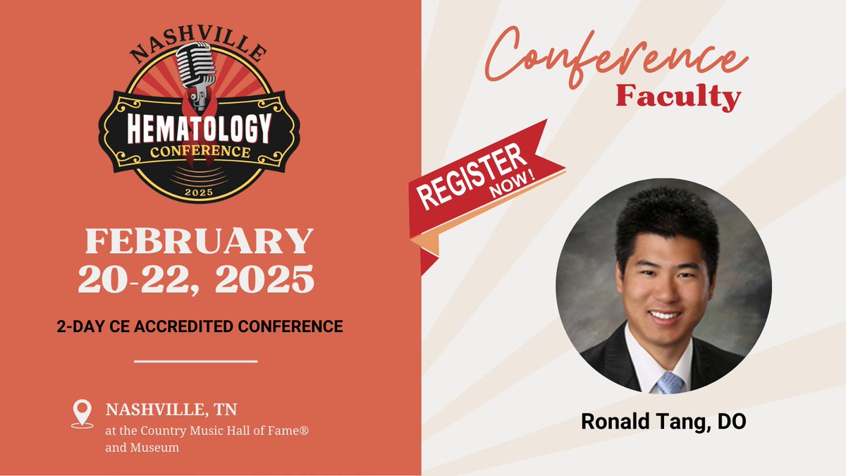 Nashville Hematology Conference (@nashvilleheme) on Twitter photo We're excited to announce that Dr. <a href="/do_tang/">Ronald Tang, DO</a> is joining the expert faculty for the 2-day CE-accredited #NashvilleHeme25 conference. Don’t miss his insights into the latest advancements in hematologic malignancies. Learn more here: hubs.la/Q02_McVm0 #MedEd #hematology We're excited to announce that Dr. <a href="/do_tang/">Ronald Tang, DO</a> is joining the expert faculty for the 2-day CE-accredited #NashvilleHeme25 conference. Don’t miss his insights into the latest advancements in hematologic malignancies. Learn more here: hubs.la/Q02_McVm0 #MedEd #hematology