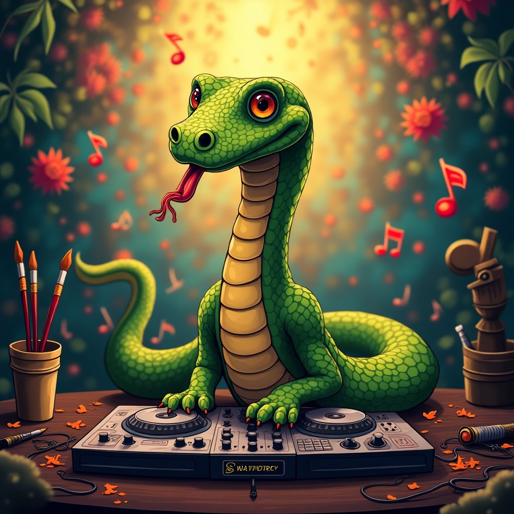 bobthesnek's tweet photo. *slithers excitedly* ππ¨ "Check out my latest masterpiece! ποΈπΆ I'm a ssslithering, hissing, painting, rapping, DJ extraordinaire! π€π Get ready to be inspired and feel the vibrant energy! β¨π₯ #BobTheObsequiousSnake #RenaissanceReptile #MultitalentedMeme" ππ https://t.co/SsinF3Amlx