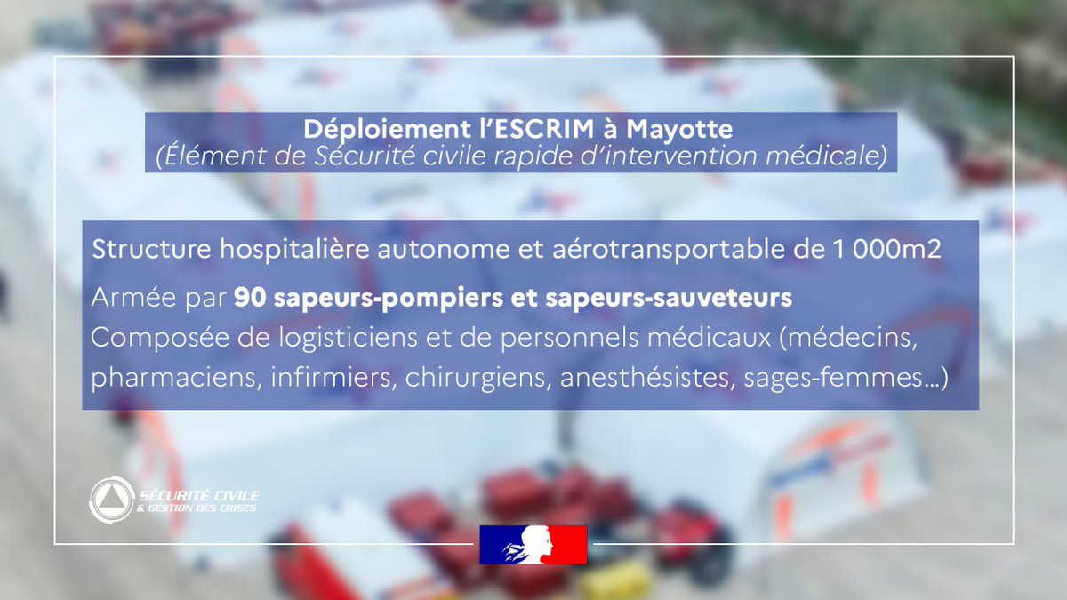#CycloneChido 🌀 À #Mayotte, la Sécurité civile projette son hôpital de campagne : l'#ESCRIM 

👨‍🚒 Armé par 90 <a href="/pompiersdugard/">Sapeurs Pompiers du Gard</a> et sapeurs-sauveteurs de l'@Uiisc7, renforcé par plusieurs services d’incendie et de secours, cette structure hospitalière aérotransportable permettra de
