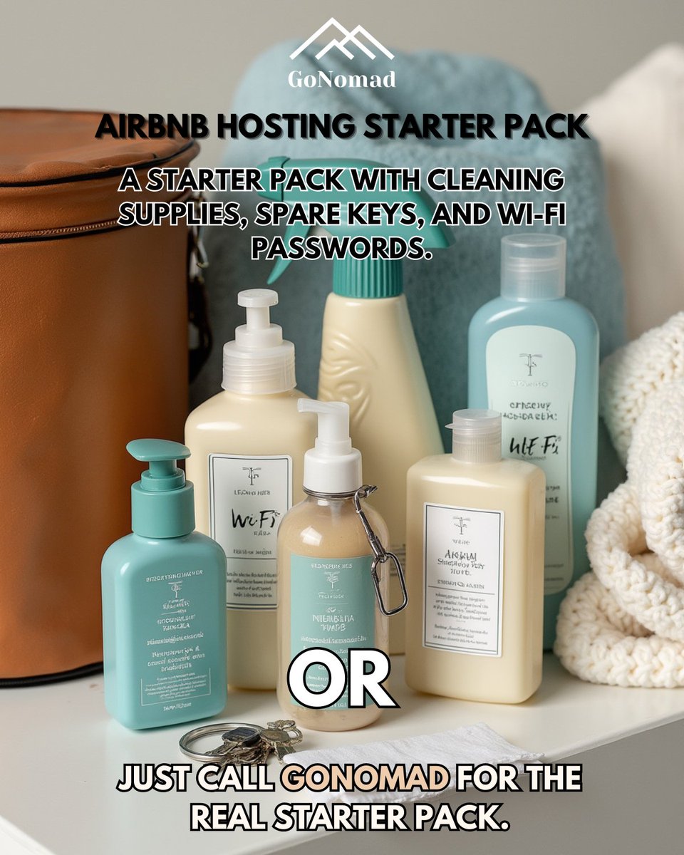 GoNomadStays's tweet photo. Airbnb Hosting Starter Pack 🛎️✨

Sure, you’ve got the essentials—cleaning supplies, spare keys, and Wi-Fi passwords... 🧼🔑

OR
Let GoNomad handle it all with a professional, stress-free REAL starter pack!
📞 Call GoNomad today to set up your hosting essentials!
#GoNomadServices #AirbnbHostingMadeEasy #StressFreeHosting #PropertyManagement