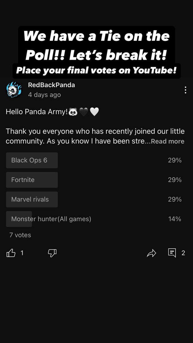 RedBackPanda's tweet photo. We have a tie on the poll for picking the second game for the channel!!

Please go to my YT and vote on the poll to break that ties!!

https://t.co/YzWlESLfDW

#youtube #gaming #streamer #foryoupage https://t.co/DD2CRNrdKl