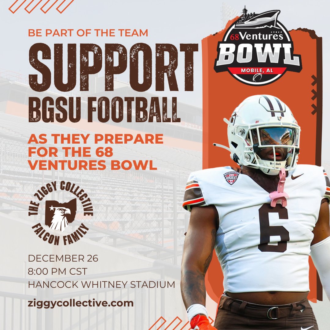 The Ziggy Collective (@ziggynil) on Twitter photo ๐๐๐๐๐ฎ ๐ฉ๐ค ๐๐๐จ๐ ๐
Our Falcons are locked in and preparing for the 68 Ventures Bowl! ๐ฆ
 Show your support and help fuel their journey as they represent Bowling Green with pride on the national stage. Together, we soar higher!
๐ Mobile, AL
 ๐๏ธDecember 26 | ๐ 8 PM (CST) ๐๐๐๐๐ฎ ๐ฉ๐ค ๐๐๐จ๐ ๐
Our Falcons are locked in and preparing for the 68 Ventures Bowl! ๐ฆ
 Show your support and help fuel their journey as they represent Bowling Green with pride on the national stage. Together, we soar higher!
๐ Mobile, AL
 ๐๏ธDecember 26 | ๐ 8 PM (CST)
