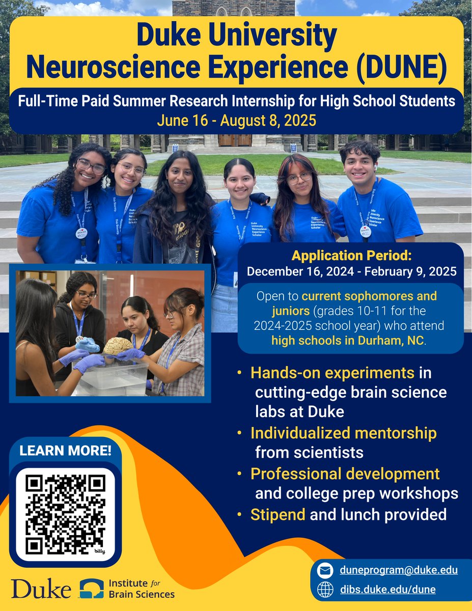 center4pathways's tweet photo. 🧠#Durham #HighSchool students interested in #neuroscience should apply to DUNE by 2/9/25! DUNE is a PAID #ResearchInternship for high schoolers from #underrepresented backgrounds that provides skills and #mentorship to launch #STEM careers. More here: https://t.co/mp0ovOGgkc https://t.co/7SJFGuC2EL