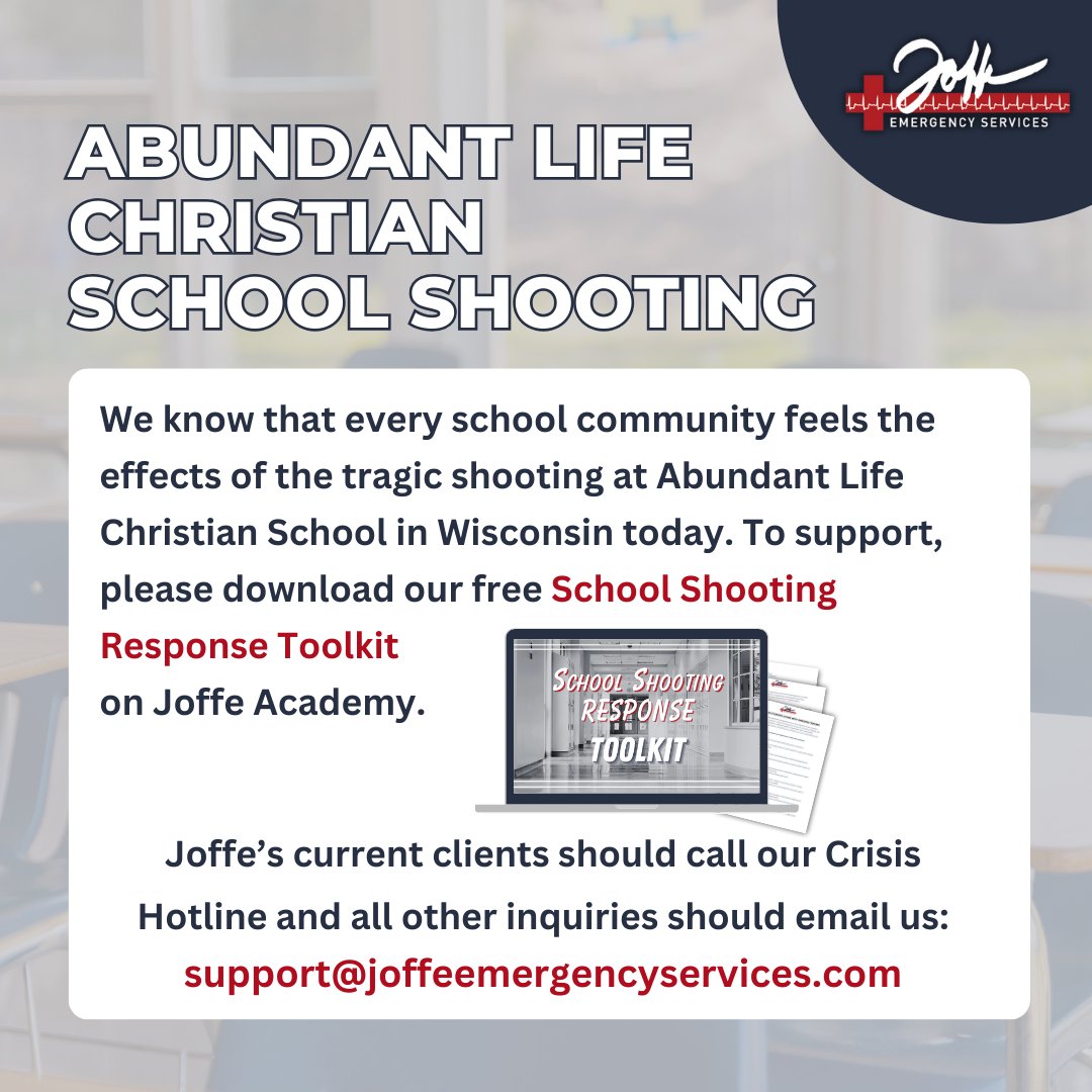 In partnership with our advisory board member,<a href="/KateSchweit/">Katherine Schweit</a>, we are monitoring the news and determining next steps for support. Joffe’s current clients should call our Crisis Hotline and all other inquiries should email us: support@joffeemergencyservices.com
Please reshare post!