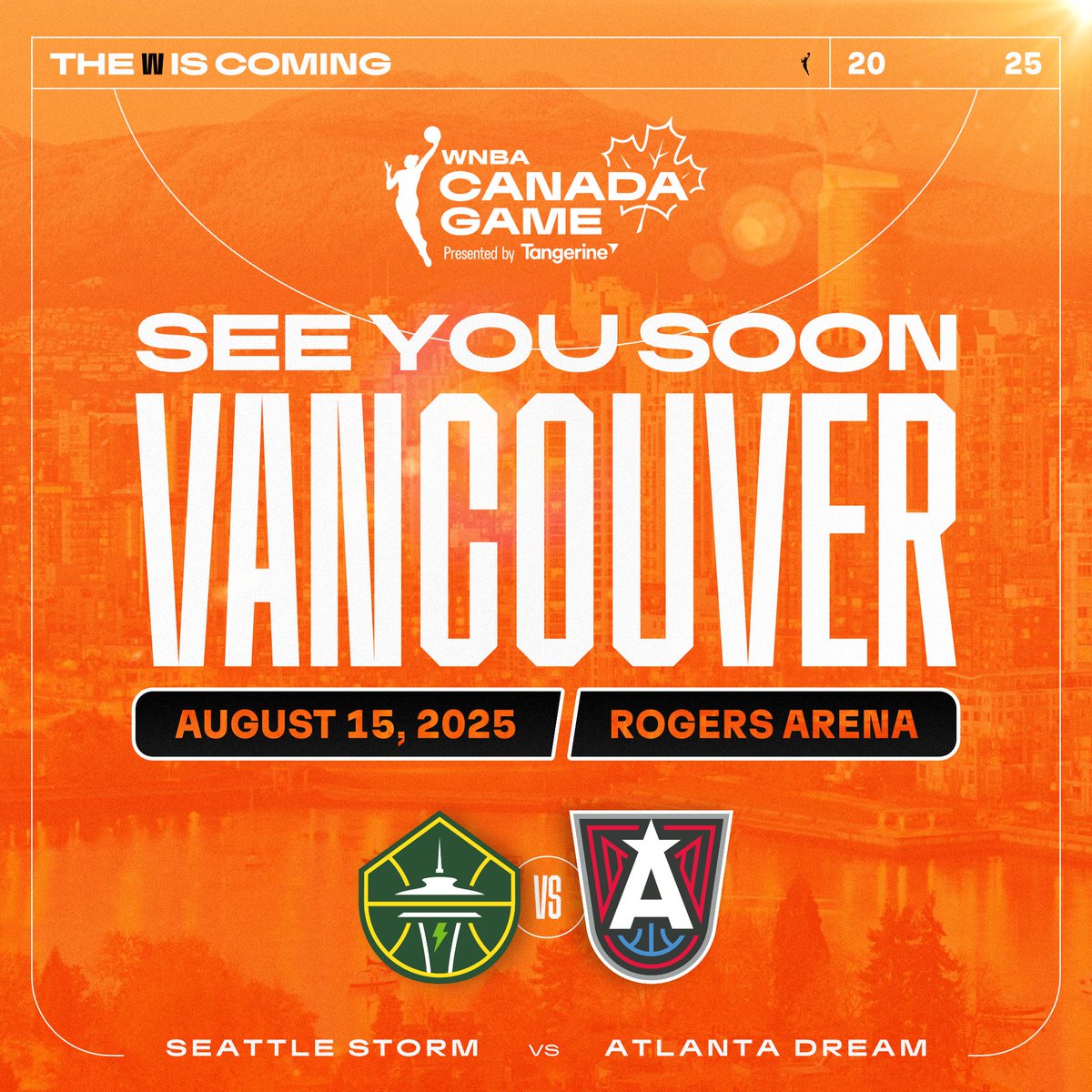 🏀 Vancouver, are you ready for history? The FIRST regular-season <a href="/WNBA/">WNBA</a> game outside the U.S. is coming to <a href="/RogersArena/">Rogers Arena</a> on Aug 15, 2025!

The <a href="/AtlantaDream/">Atlanta Dream</a> &amp; <a href="/seattlestorm/">Seattle Storm</a> bring their all-star talent north of the border.

🎟️ Register for presale: WNBACanadaGame.com