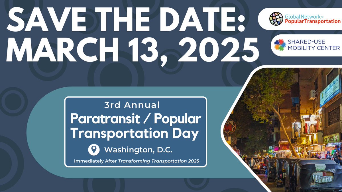 Shared-Use Mobility Center (@sharedusecenter) on Twitter photo Join <a href="/GlobalInformal/">Global Network for Popular Transportation</a> for the 3rd annual Paratransit/Popular Transportation Day on Thursday, March 13, 2025, in Washington, D.C.! Hosted directly after #TransformingTransportation2025, this gathering will spotlight popular and informal transportation networks. See you there! Join <a href="/GlobalInformal/">Global Network for Popular Transportation</a> for the 3rd annual Paratransit/Popular Transportation Day on Thursday, March 13, 2025, in Washington, D.C.! Hosted directly after #TransformingTransportation2025, this gathering will spotlight popular and informal transportation networks. See you there!