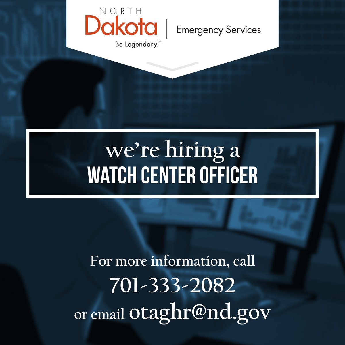NDDES (@nddes) on Twitter photo We have an opening for a Watch Center Officer at the North Dakota Division of Homeland Security in the State Emergency Operations Center.  This position supports the 24/7 Watch Center.
View des.nd.gov/position_30294… for specifics. We have an opening for a Watch Center Officer at the North Dakota Division of Homeland Security in the State Emergency Operations Center.  This position supports the 24/7 Watch Center.
View des.nd.gov/position_30294… for specifics.