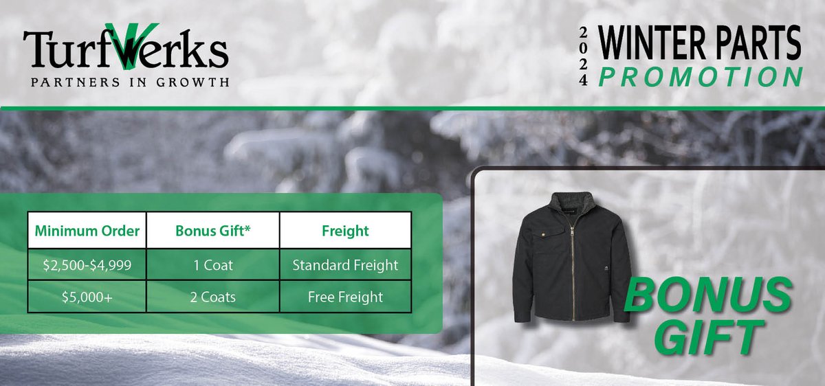 Today starts our Winter Parts Promotion! You can get a winter coat on us!

This sale is only around until Feb. 7th, so get your orders placed today!

Click here for full details and exclusions: davisequip.com/turfwerks-wint…