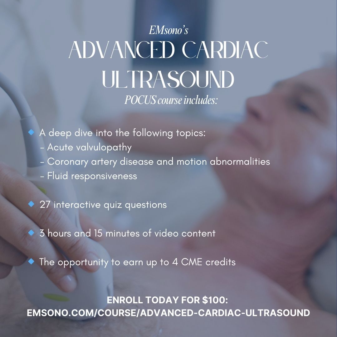 EMsonoPOCUS's tweet photo. 💡 Course Spotlight: Advanced Cardiac Ultrasound

🫀 Topics: Acute valvulopathy, CAD/motion abnormalities, fluid responsiveness
📝 27 quiz questions
🎥 3h 15m of video
🎓 Earn 4 #CME credits
💰 $100

Master essential skills for critical cardiac care at https://t.co/OmWP62TaQd https://t.co/UyCTMRuUcf