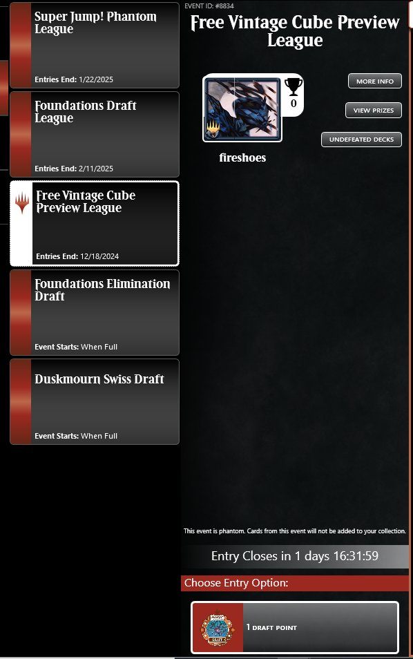 Use this SECRET CODE for free Vintage Cube drafts that <a href="/MagicOnline/">Magic Online</a> doesn't want you to know about! #mtg #MTGOcreator

HOLIDAY2024