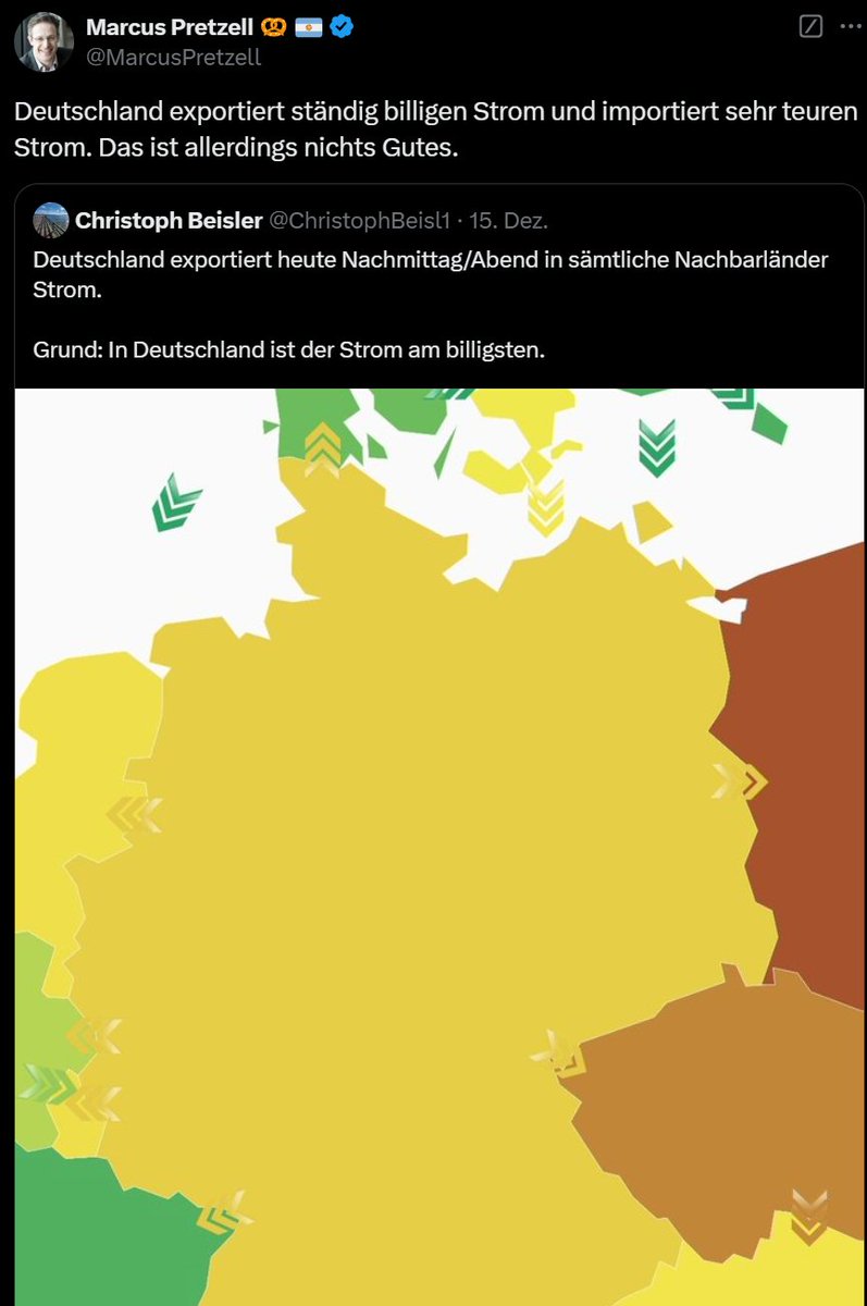 DraconTV's tweet photo. Lasst euch nicht verarschen.

#Deutschland verkauft den Strom im Durchschnitt teurer pro MWh (82 Euro/MWh) als es ihn einkauft (74,9 Euro pro MWh)

Dieser "DE verkauft den Strom billig und kauft teuer ein" Unfug wird nicht glaubwürdiger, je öfter man die Lüge wiederholt. https://t.co/xYgLBX5E72