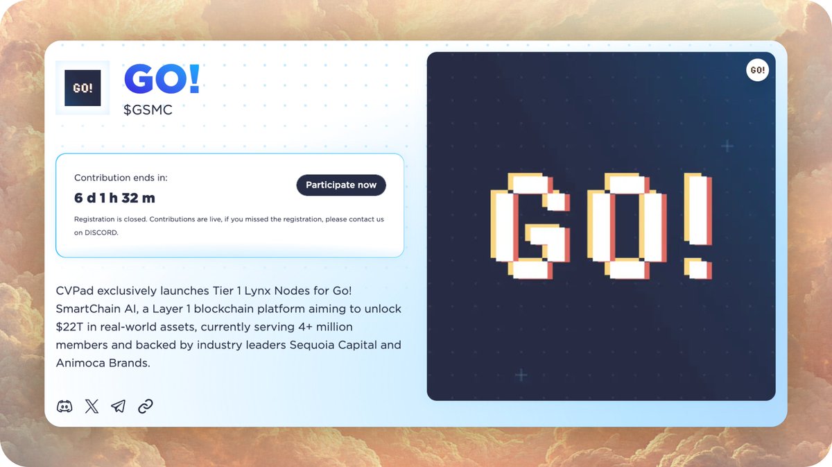 🦁 Go! SmartChain AI Lynx Node Sale is LIVE on CV Pad! 🦁

👉 Don’t miss out: cvpad.io/project/go

Join the blockchain revolution with Go! SmartChain AI, supported by:
🔹 Strategic Partners: @GoogleCloud, @NVIDIA, <a href="/Microsoft/">Microsoft</a>, @Salesforce
🔹 Elite Investors: @AnimocaBrands,