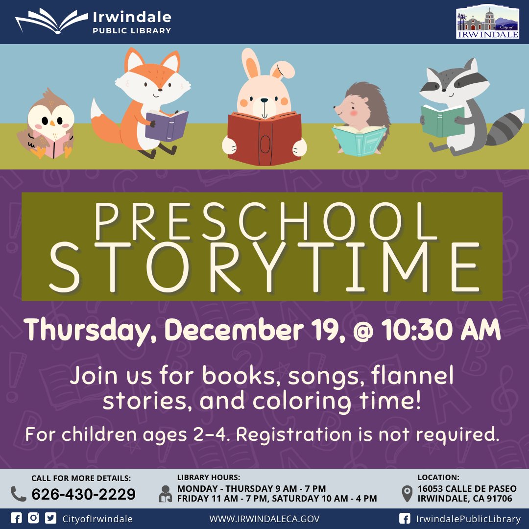 𝐏𝐑𝐄𝐒𝐂𝐇𝐎𝐎𝐋 𝐒𝐓𝐎𝐑𝐘𝐓𝐈𝐌𝐄📖 Irwindale Public Library invites children ages 2-4 years old to attend our upcoming storytime on 𝐓𝐇𝐔𝐑𝐒𝐃𝐀𝐘, 𝐃𝐄𝐂𝐄𝐌𝐁𝐄𝐑 𝟏𝟗, 𝐚𝐭 𝟏𝟎:𝟑𝟎 𝐀𝐌.⁣