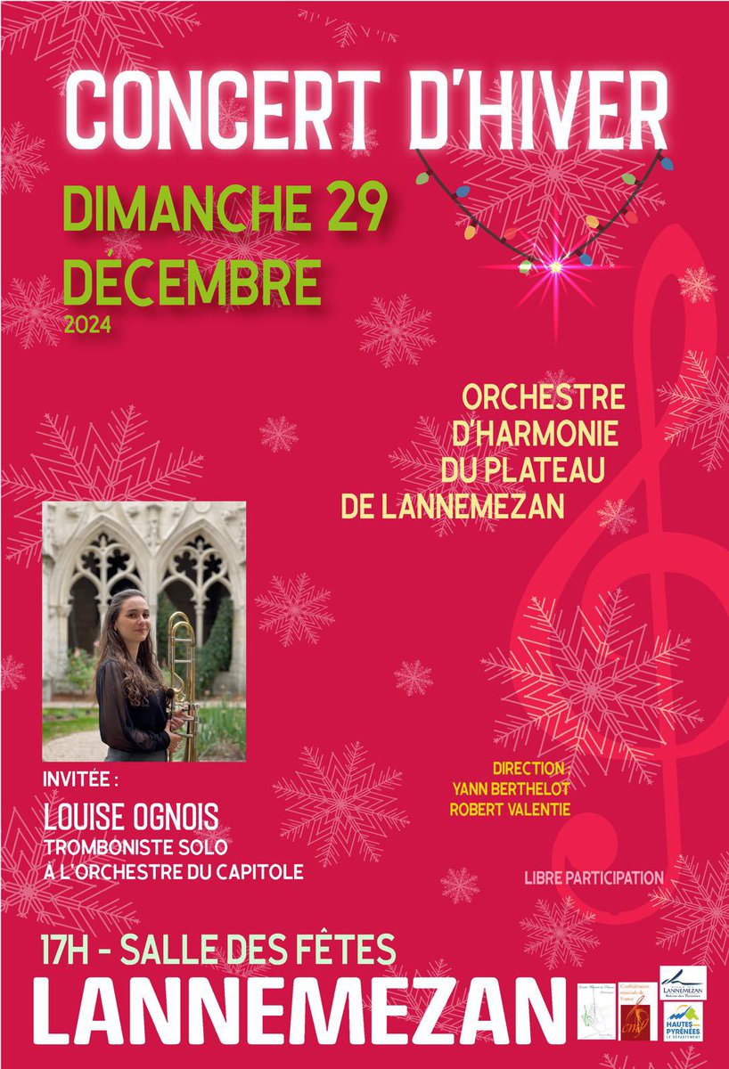 SMPLANNEMEZAN's tweet photo. 🎄🎅 🎶CONCERT DE NOEL 2024 🎶

Nos musiciens vous proposeront un répertoire festif et enchanteur, dans une ambiance conviviale sous la direction de Robert Valentie et Yann Berthelot !!

Nous aurons plaisir d’accueillir Louise OGNOIS, Tromboniste Solo de L’Orchestre du Capitole https://t.co/Wk1LgTaQ9G