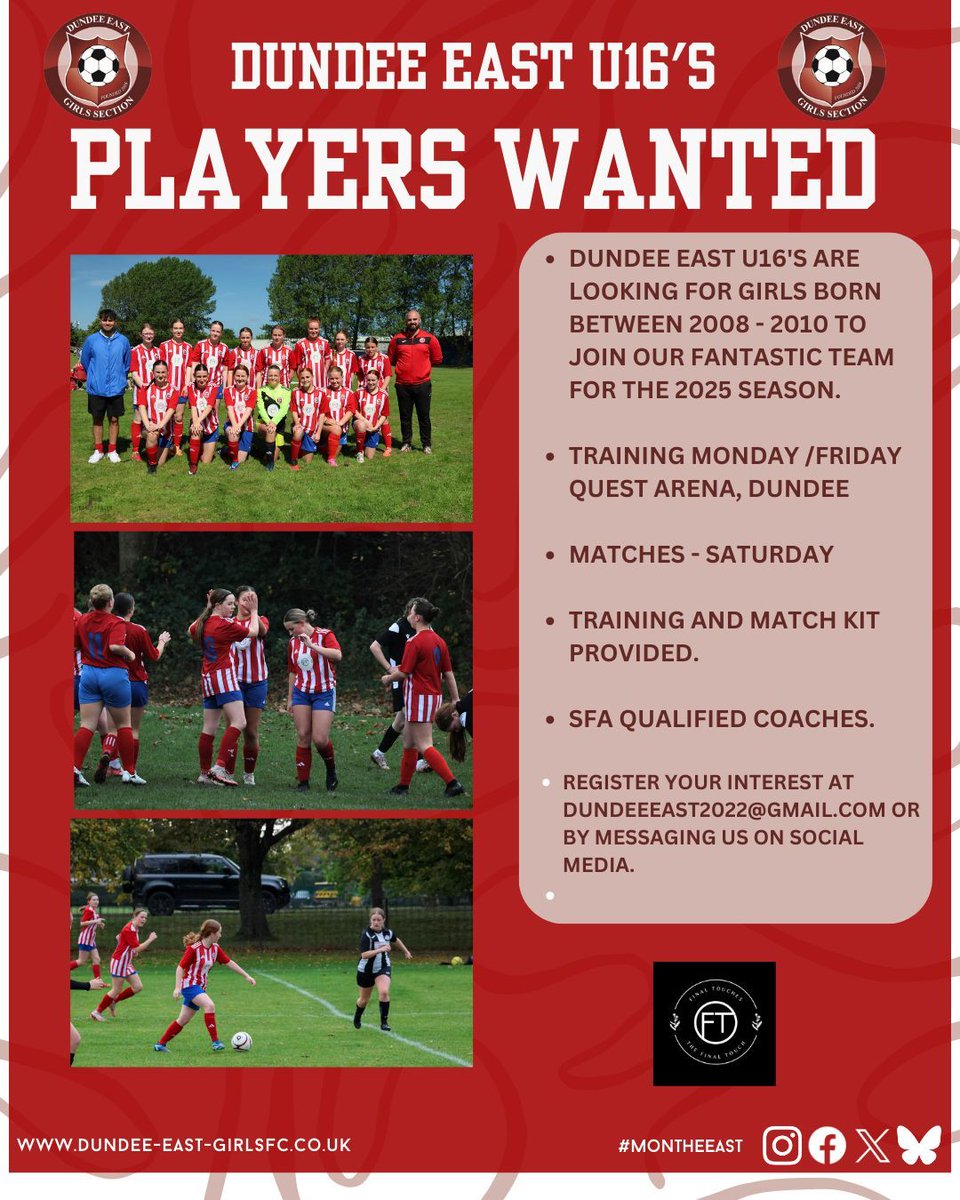 dundee_east's tweet photo. Our fantastic U16's team are looking for a few more players to add to our squad for the 2025 season. Contact us now to learn more or visit  the club website

#montheeast #GirlsResults https://t.co/r7ESmkH9tO