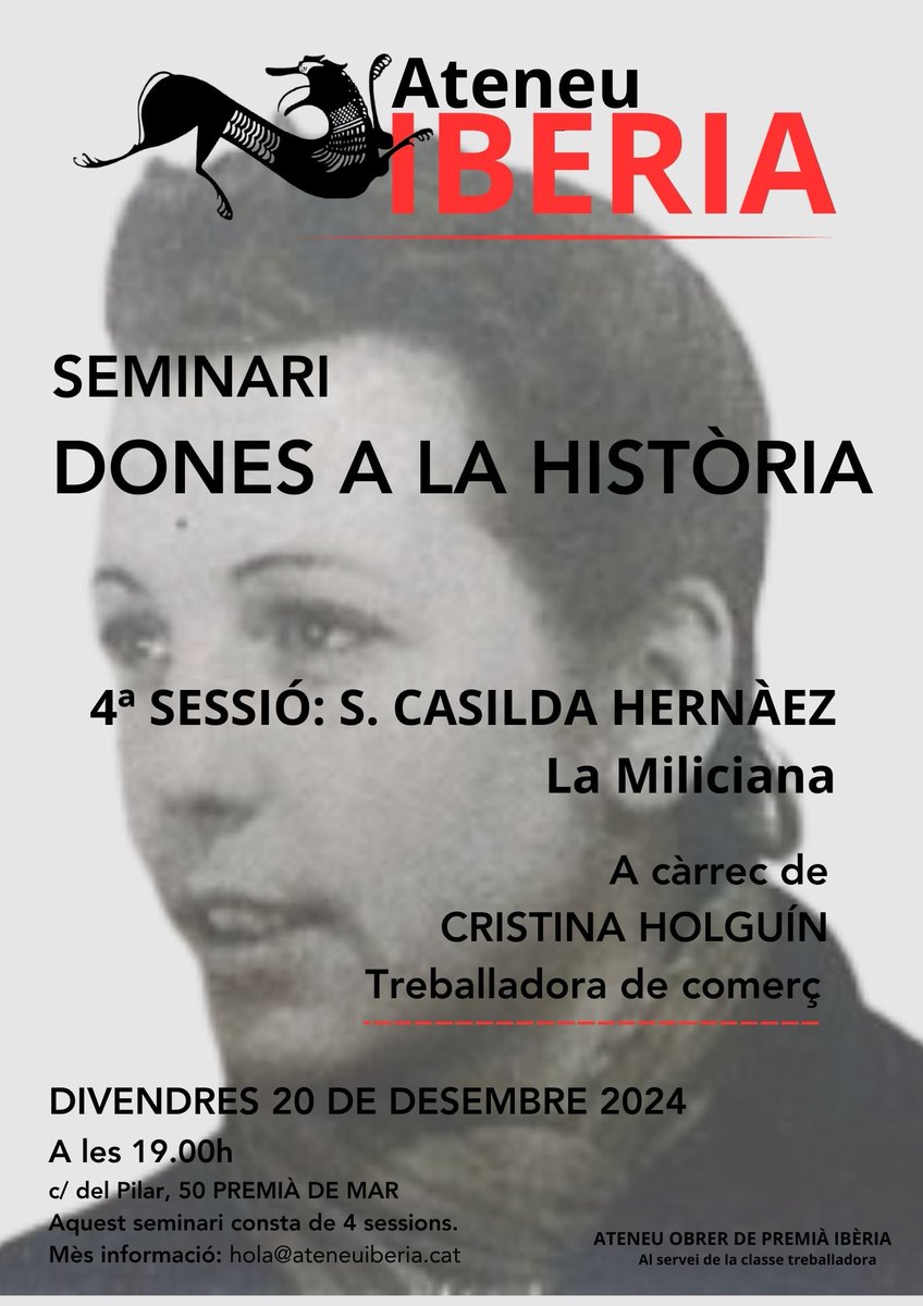 Seminari 
DONES A LA HISTÒRIA
4a sessió. Casilda Hernáez

A càrrec de C. Holguín
Divendres 20 de decembre
 A les 19.00h
Al local de <a href="/cntpremia/">Sindicato de Premià</a> 

#PremiadeMar
