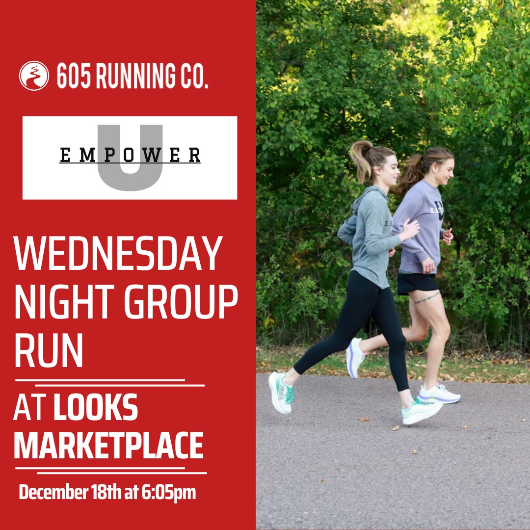Run605's tweet image. Empower U and 605 Running Co. are hosting group run on Wednesday, December 18th at 6:05 pm at Looks Marketplace. Meet at the patio and we'll head out together. Any pace and any age is welcome! Afterwards, drinks will be available for purchase.

#run605 #empoweru_sd