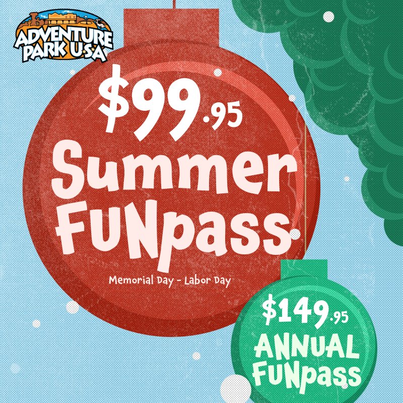 📷 Back by Popular Demand! The Adventure Park USA Christmas Sale is here for a limited time! Give the gift that keeps on giving with our Annual Pass and Summer Pass, offering unlimited access to indoor and outdoor attractions. Don’t miss this chance to make unforgettable memories