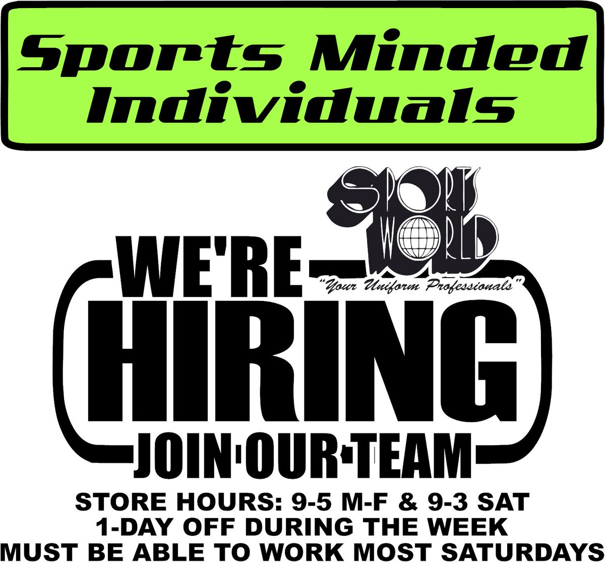 SportsWorldSHV's tweet photo. 💥NOW HIRING💥
Are you a sports minded individual? We have a job opening on our Sports World Team for you!
Email applications to Sportsworld.Shreveport@gmail.com

Link to application: https://t.co/SQHnvtmy7o https://t.co/q86uDZsAWo