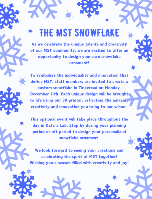 lauren_bolack's tweet photo. As part of our @MSTMAGNET #December2Remember, our teachers got to design a snowflake in Tinkercad and have it printed as an ornament. I got mine today & I love it! Thanks @katehebert for printing it for me. https://t.co/uKxKWVu6Py