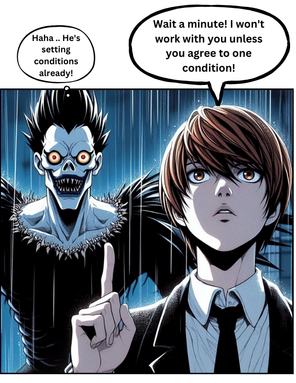 Light Yagami’s resurrection comes at a cost... but what could his one condition be? Angel BB, it’s time to negotiate. from chapter 2 of : [The 10 Death Note Users] fancomic! #DEATHNOTE