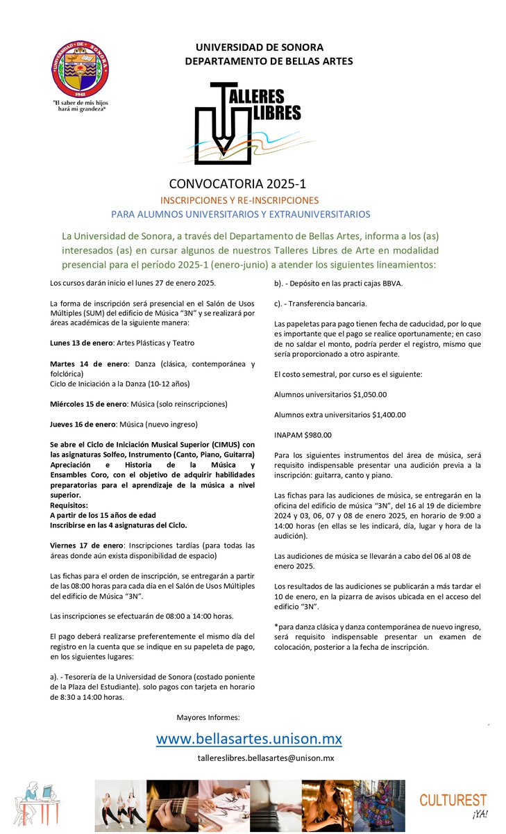 Recuerda que la entrega de fichas para las audiciones de música continúan los días 3, 6, 7 y 8 de enero, de 9:00 a 14:00 horas, en oficinas del edificio 3N.