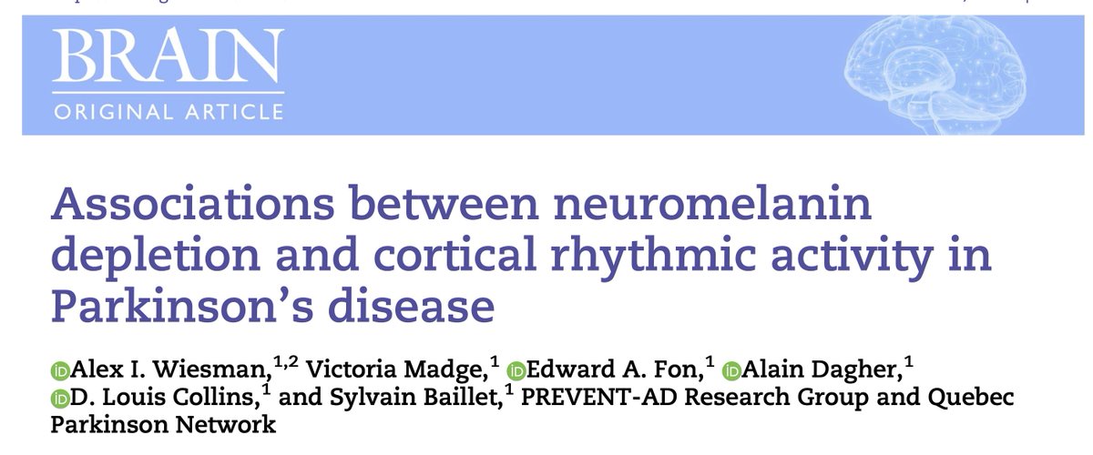 "Associations between neuromelanin
depletion and cortical rhythmic activity in
Parkinson’s disease"

Just out in <a href="/Brain1878/">Brain</a>, driven by <a href="/AlexWiesman/">Alex Wiesman</a>. 

A collaboration with @TedfonMNI, @alain_dagher, Louis D. Collins and Victoria Madge <a href="/TheNeuro_MNI/">The Neuro</a>   

doi.org/10.1093/brain/…