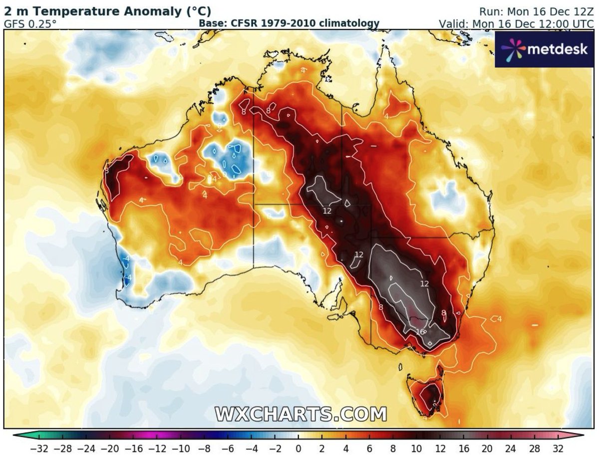 Today, a huge heatwave band reached Victoria and New South Wales. Temperatures hit a scorching 47°C, with some areas seeing anomalies as high as 16°C above the norm. Those are hazardous conditions for anyone outdoors or without cooling. #Heatwave #Victoria #NSW