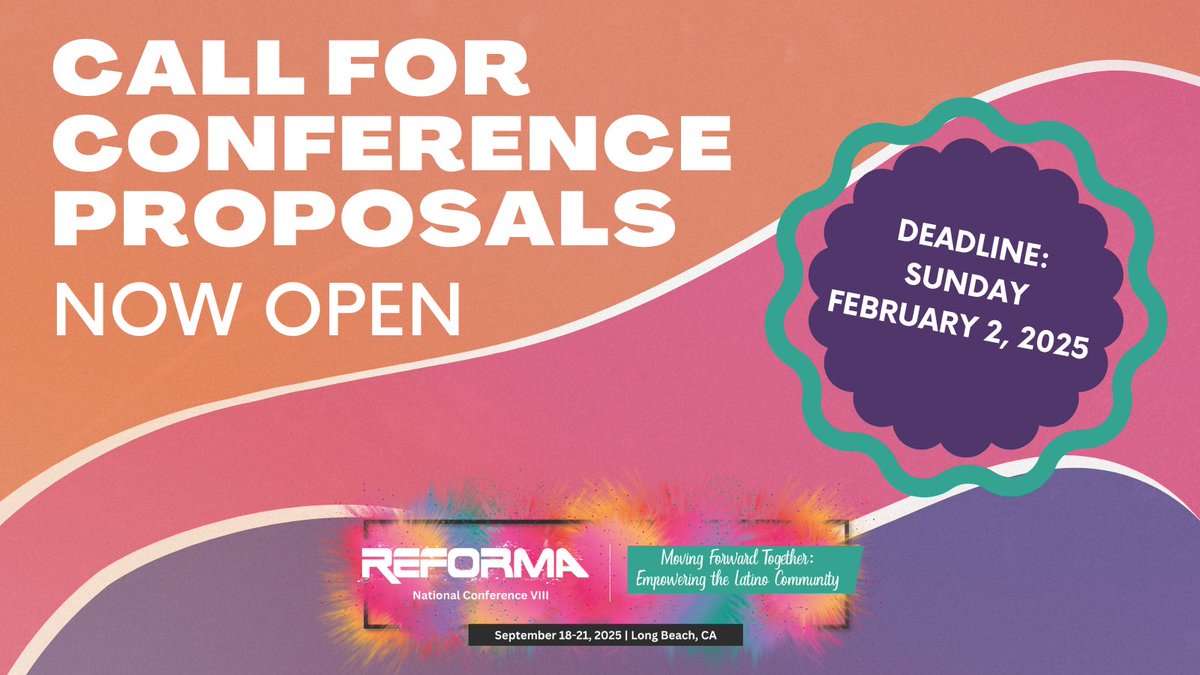 reformanational's tweet photo. 📢Now open! Submit your proposal for a program at the eighth edition of the REFORMA National Conference (#RNCVIII)–happening next year in Long Beach, California. Find more information at https://t.co/DZNikSTg9g

La convocatoria de ponencias en español estará abierta pronto. https://t.co/SsgtZS8cUq